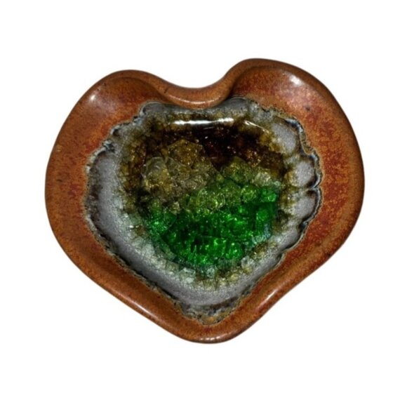 None Other - Art Pottery Crackle Glass Trinket Dish Geode Ring Dish Heart Shape